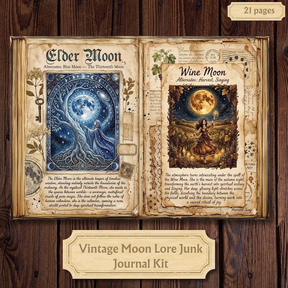 Vintage Moon Lore Junk Journal Kit, Antiquarian Lunar Calendar, Mystical Astronomy Digital Paper