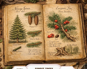 May include: Open junk journal spread featuring illustrations of Norway Spruce and European Yew trees. The journal pages are aged with botanical drawings, labeled diagrams, and handwritten text. The text includes "Forest Trees Junk Journal" and "Digital Download".