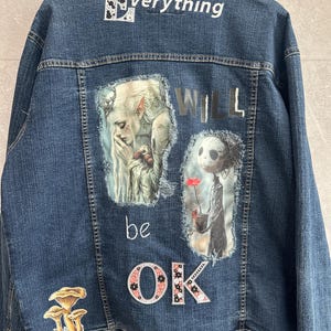 Giacca in denim patchwork unica, cappotto riciclato unico nel suo genere, giacca lunga in denim, taglia 4XL