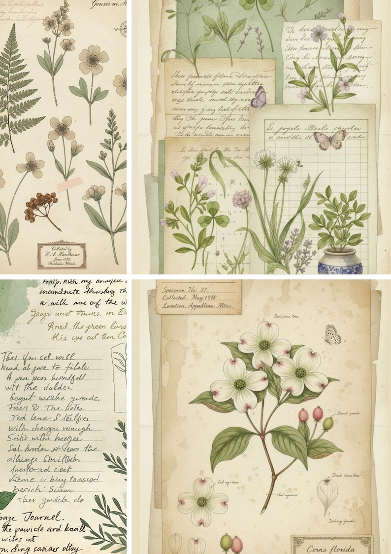 May include: A collection of botanical illustrations featuring flowers and plants, such as dogwood and ferns, on aged paper. The artwork includes detailed drawings with handwritten notes and labels, creating a vintage aesthetic. The colour palette includes greens, whites, and browns.