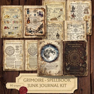 Op de afbeelding: Een verzameling geprinte pagina's voor een junk journal met occulte thema's, planetaire correspondenties, wierookgidsen, altaaropstellingen, beschermingsgebeden en zuiveringsrituelen met vintage-stijl illustraties en tekst.