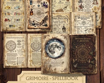 Op de afbeelding: Een verzameling geprinte pagina's voor een junk journal met occulte thema's, planetaire correspondenties, wierookgidsen, altaaropstellingen, beschermingsgebeden en zuiveringsrituelen met vintage-stijl illustraties en tekst.