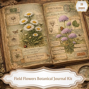 May include: Open botanical journal with detailed illustrations of wildflowers, including Ox-eye Daisy and Field Scabious. The pages feature scientific labels, diagrams, and handwritten notes, with a vintage aesthetic. The journal is labeled "Field Flowers Botanical Journal Kit."