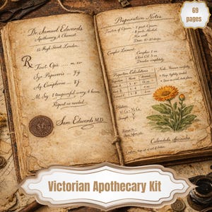 May include: An open antique book with handwritten apothecary notes and a botanical illustration of a calendula flower. The text includes preparation notes, proportion calculations, and a prescription from Dr. Samuel Edwards. The book is labeled "Victorian Apothecary Kit."