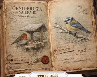 May include: Open vintage book with illustrations of winter birds. One page shows a robin near a bird feeder, the other a blue tit on a branch. Text includes "Ornithologia Naturalis" and "Winter Birds Junk Journal".