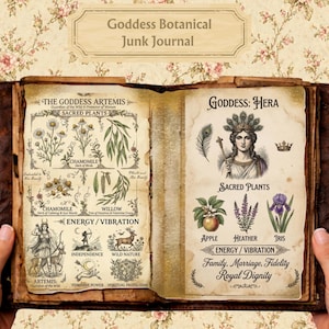 Op de afbeelding: Open junk journal met pagina's met botanische illustraties en tekst. De linkerpagina toont Artemis, met tekeningen van kamille en wilg. De rechterpagina toont Hera, met een illustratie van een vrouw en tekeningen van appel, heide en iris.