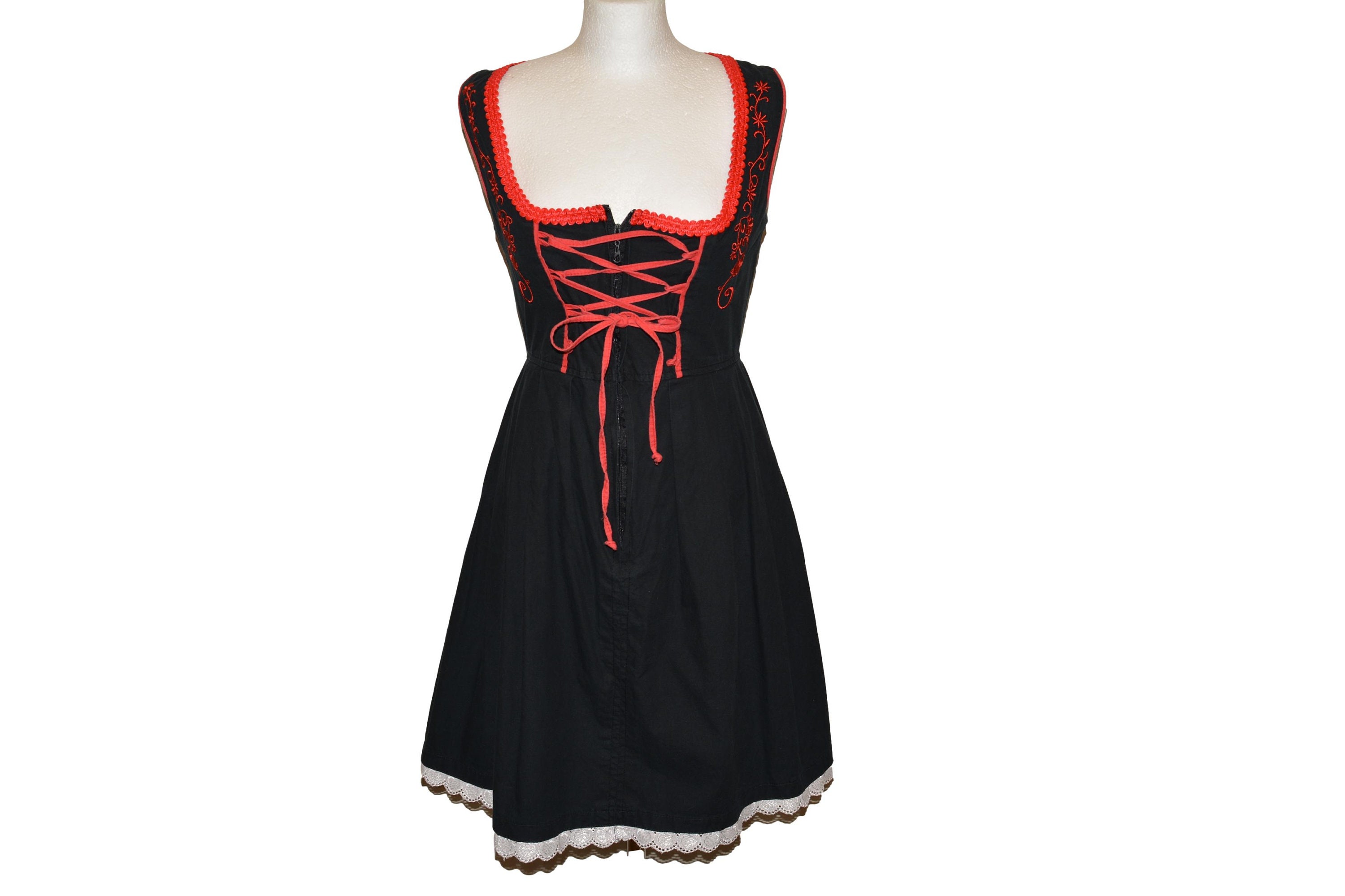 Vintage Aprons, Retro Aprons, Old Fashioned Aprons & Patterns Black Red Embroidered Apron Dress Vintage Dirndl Oktoberfest Size Xs $2,172.00 AT vintagedancer.com