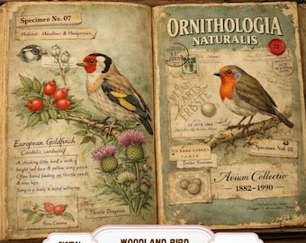 Può includere: Libro aperto con illustrazioni vintage di uccelli, tra cui un Cardellino e un Pettirosso. Le pagine presentano disegni botanici, testo manoscritto e il titolo "Ornithologia Naturalis". Il testo recita "Woodland Bird Archive Journal Kit".