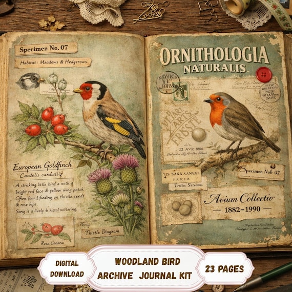 Woodland Bird Archive Printable Journal Kit, Vintage Ornithology Pages, Junk Journal Digital Download