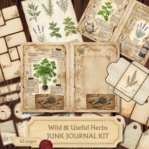 May include: A junk journal kit featuring vintage-style paper pages with botanical illustrations of parsley, lavender, and rosemary. The pages include lined sections, handwritten-style text, and herb-themed graphics on aged, tea-stained paper textures.