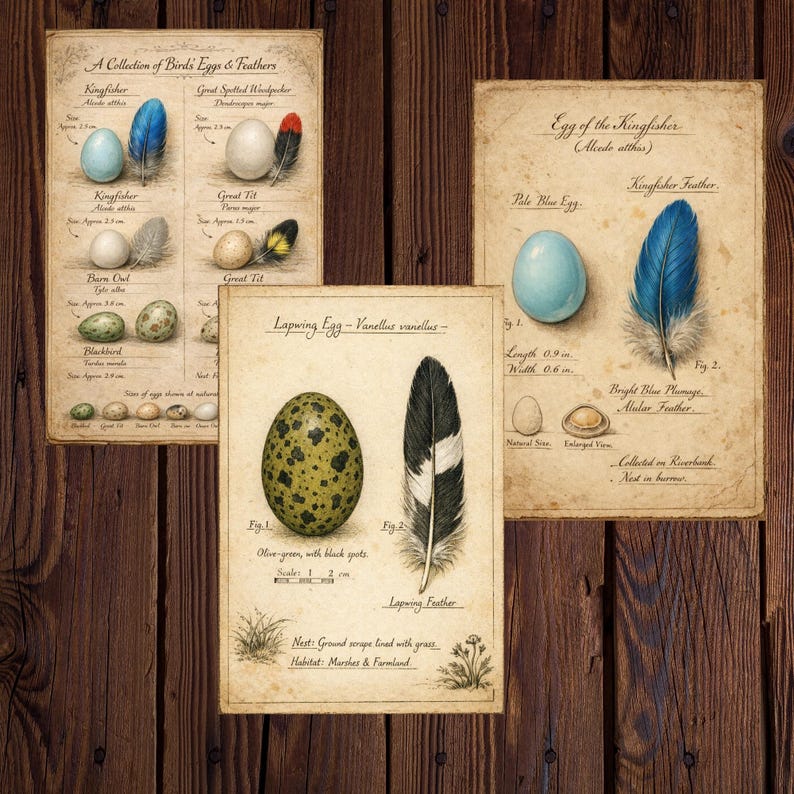 Op de afbeelding: Vintage prints met illustraties van vogeleieren en veren. De collectie bevat een lichtblauw ei en een helderblauwe veer, met afmetingen van 2,3 cm lang en 1,5 cm breed. Het kievitsei is olijfgroen met zwarte vlekken.