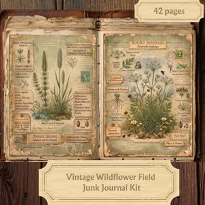 May include: Open vintage journal with botanical illustrations of wildflowers and scientific details. The pages are aged with a distressed look. The text "Vintage Wildflower Field Junk Journal Kit" is at the bottom.
