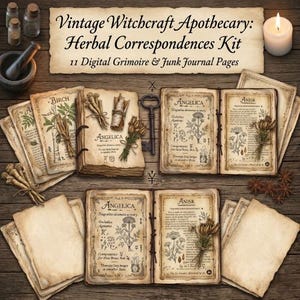 May include: A digital kit featuring 11 pages for a grimoire or junk journal, titled Vintage Witchcraft Apothecary: Herbal Correspondences Kit. The pages display botanical illustrations of birch, angelica, and anise with aged paper textures.