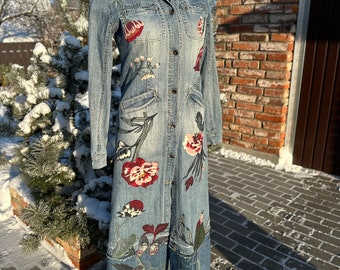 Up cycled denim jacket Refashioned woman's clothes Embroidered and patched coat Size S