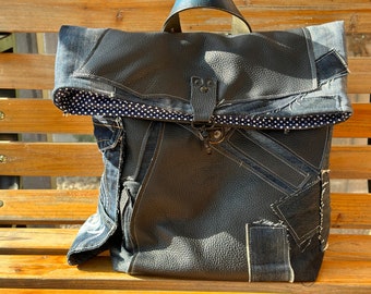 Handmade backpack Recycled leather and denim shoulders bag