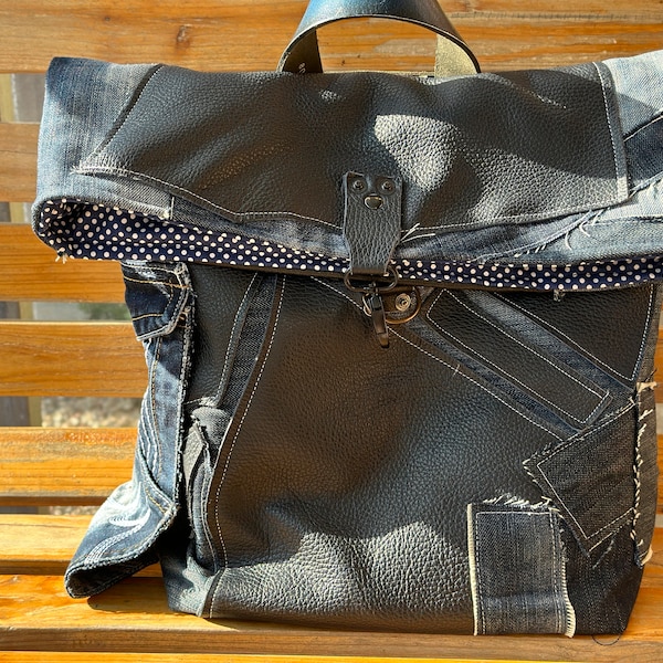 Handmade backpack Recycled leather and denim shoulders bag