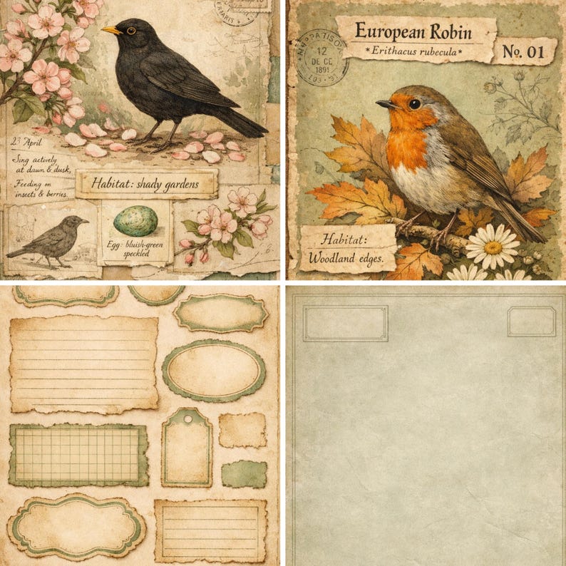 Puede incluir: Un collage vintage con ilustraciones de aves y elementos bot&aacute;nicos sobre papel envejecido. Una imagen muestra un mirlo con flores de cerezo, otra un petirrojo. Las im&aacute;genes inferiores muestran etiquetas y papel en blanco.