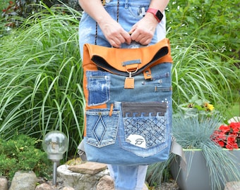 Handmade backpack Recycled leather and denim shoulders bag