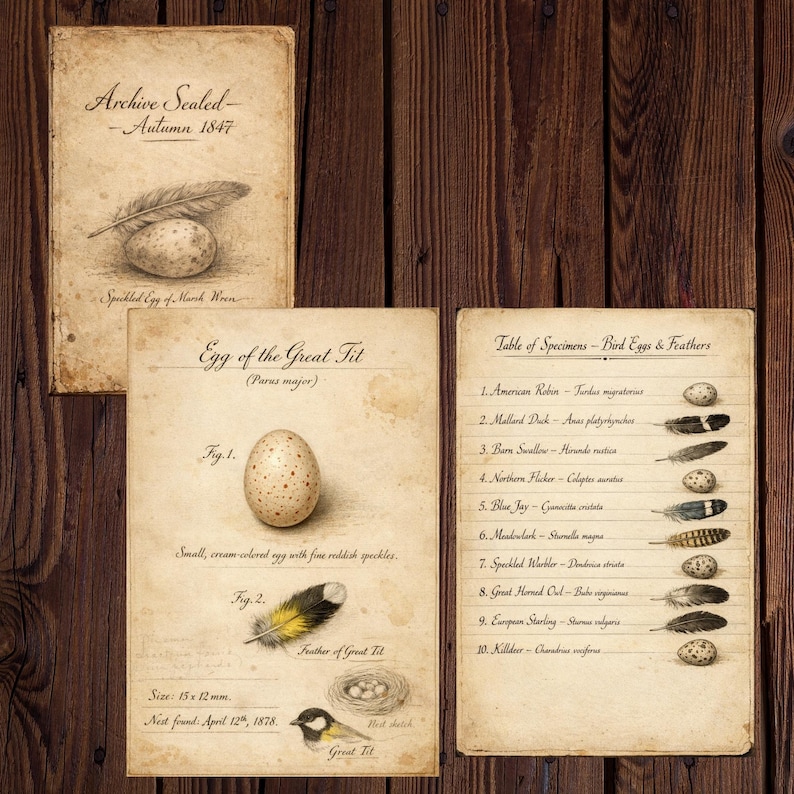 Op de afbeelding: Vintage prints met vogeleieren en veren. E&eacute;n print toont een gespikkeld ei en een veer, een andere detailleert het ei van de koolmees en een derde geeft verschillende vogeleieren en veren weer. De prints hebben verouderde papiertinten.