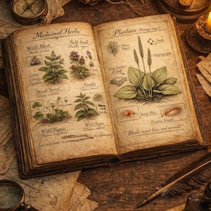 May include: An open antique book displays botanical illustrations of medicinal herbs, including Wild Mint and Plantain, with handwritten text. A compass, scrolls, and a magnifying glass are on a wooden surface.