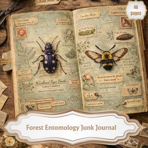 Puede incluir: Diario de chatarra vintage abierto con ilustraciones de entomología. Presenta un escarabajo tigre de los bosques y una polilla de borde ancho. El diario tiene 46 páginas e incluye elementos botánicos y etiquetas de especímenes. La portada dice "Forest Entomology Junk Journal".