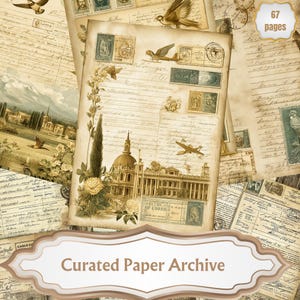 Könnte beinhalten: Eine Sammlung von Papierbögen im Vintage-Stil mit gealterten Texturen und Sepia-Tönen. Die Bögen zeigen Illustrationen von Gebäuden, Briefmarken und handschriftlichen Schriftzügen. Der Text "Curated Paper Archive" wird auf einem dekorativen Banner angezeigt. Der Text "67 pages" ist ebenfalls sichtbar.