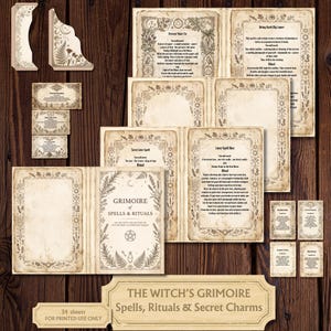 May include: A collection of 34 printed sheets featuring the Grimoire of Spells & Rituals, including various spell pages, ritual instructions, and decorative corner accents with botanical and celestial illustrations on aged, parchment-style paper.