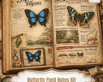 May include: Open book with butterfly illustrations and text. Features include "The Papilio Ulysses" and "Madagascaan Sunset Moth." The book showcases detailed drawings of butterflies, chrysalis, and the metamorphosis process. The title "Butterfly Field Notes Kit" is displayed at the bottom.