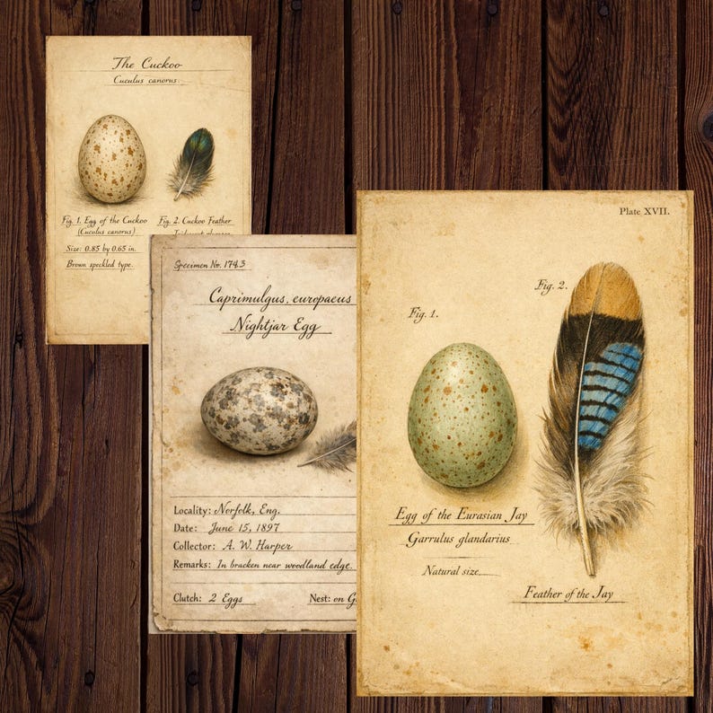 Op de afbeelding: Vintage-stijl prints met illustraties van vogeleieren en veren. De prints bevatten wetenschappelijke details, zoals de eiergrootte (2,16 cm x 1,65 cm) en veerbeschrijvingen, op verouderd papier. De collectie bevat een koekoeksei, een nachtzwaluw-ei en een gaai-ei.