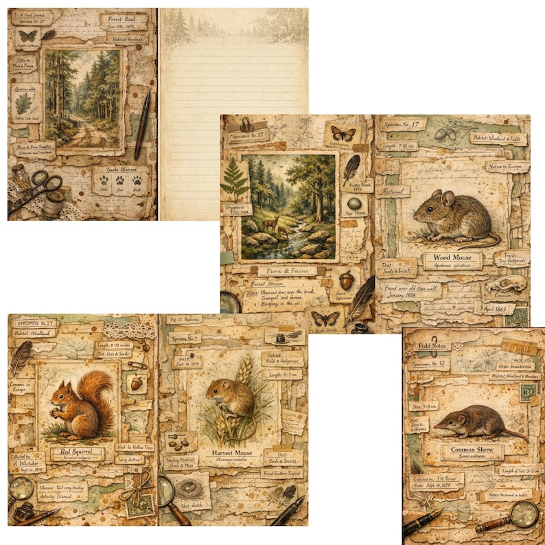 Small Woodland Animals Junk Journal Kit, Forest Creatures Ephemera ...