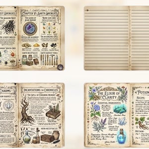Op de afbeelding: Een verzameling open boeken met illustraties en tekst. De pagina's bevatten botanische tekeningen, diagrammen en handgeschreven tekst over onderwerpen als bosenergie&euml;n, aardenergie&euml;n, amuletten en drankjes. De pagina's hebben een vintage uitstraling.