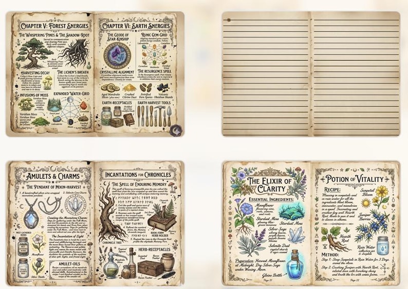 Op de afbeelding: Een verzameling open boeken met illustraties en tekst. De pagina's bevatten botanische tekeningen, diagrammen en handgeschreven tekst over onderwerpen als bosenergie&euml;n, aardenergie&euml;n, amuletten en drankjes. De pagina's hebben een vintage uitstraling.