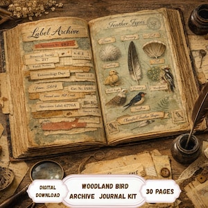 May include: An open vintage journal with aged pages, featuring illustrations of bird feathers and species. The left page displays "Label Archive" with specimen labels. The right page shows "Feather Types" with drawings of birds. A digital download of a woodland bird archive journal kit.