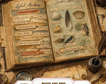 May include: An open vintage journal with aged pages, featuring illustrations of bird feathers and species. The left page displays "Label Archive" with specimen labels. The right page shows "Feather Types" with drawings of birds. A digital download of a woodland bird archive journal kit.