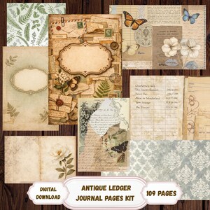 May include: A collection of antique ledger journal pages with a vintage aesthetic. The pages feature butterflies, floral elements, and handwritten text. The kit includes 109 pages and is available as a digital download.