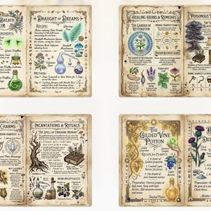 Op de afbeelding: Een open boek met vier ge&iuml;llustreerde pagina's. De pagina's bevatten botanische illustraties en handgeschreven tekst met details over drankjes, charmes en rituelen. Titels zijn onder meer "Serpent's Breath Elixir" en "The Gilded Vine Potion".