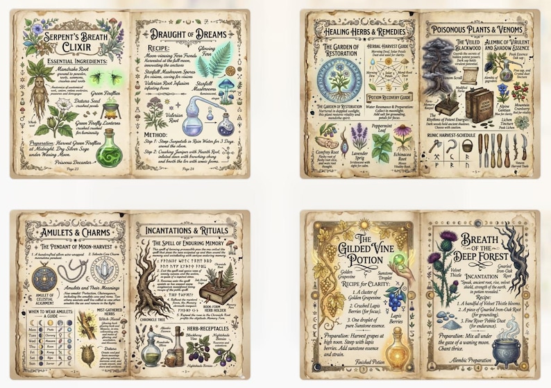 Op de afbeelding: Een open boek met vier ge&iuml;llustreerde pagina's. De pagina's bevatten botanische illustraties en handgeschreven tekst met details over drankjes, charmes en rituelen. Titels zijn onder meer "Serpent's Breath Elixir" en "The Gilded Vine Potion".