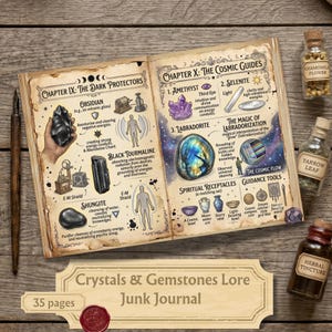 Può includere: Un junk journal aperto intitolato Crystals & Gemstones Lore con pagine illustrate su protettori oscuri e guide cosmiche con cristalli come ossidiana, ametista e labradorite. Include una penna in legno e tre flaconi di vetro con erbe e tinture.