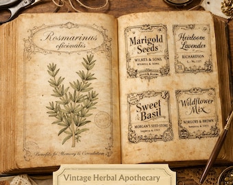 Op de afbeelding: Een open boek met verouderde, vergeelde pagina's met botanische illustraties en tekst. De linkerpagina toont een rozemarijnplant met het label Rosmarinus officinalis. De rechterpagina toont vier rechthoekige zaadpakketlabels voor goudsbloem, lavendel, basilicum en wilde bloemen.