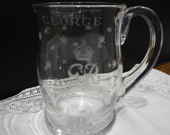 Vintage Glass Tankard/George VI 1937 Coronation /Beautiful, acid etched stars/engraved coronation details/Brilliant Rare Royal Memorabilia