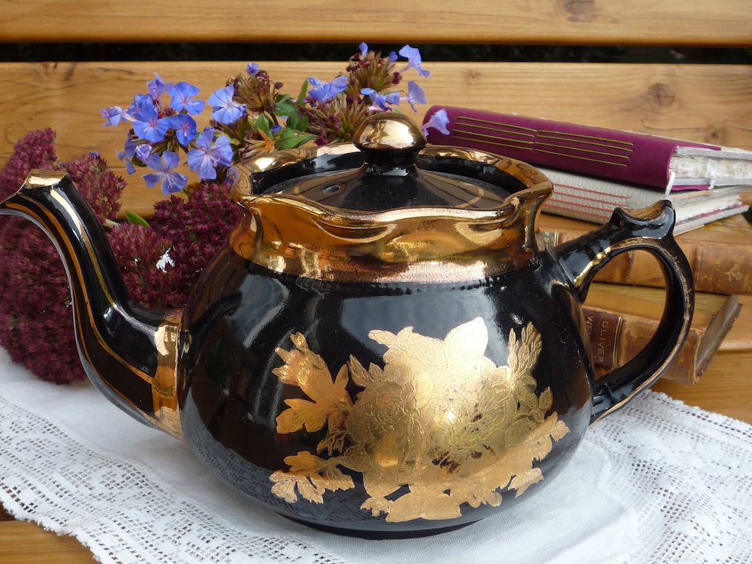 Antique Arthur Wood Mourning Teapot Black and Gold Roses Etsy