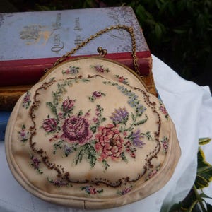 Vintage Evening Bag- Gorgeously Pretty Embroidered 1930s Evening Purse from CFR London. Chain Link Strap. Original Internal Pocket Mirror