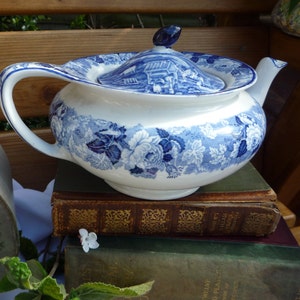 Vintage Rare Enoch Woods, Blue and White teapot - Woods and Sons England. Gorgeous Antique English Scenery Design/Unusual Shape Lid Fit