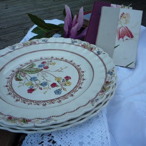 Könnte beinhalten: Ein Set aus drei weißen Keramiktellern mit einem Blumendesign in Rosa-, Grün- und Blautönen. Die Teller haben einen gewellten Rand und sind übereinander gestapelt.