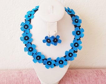 Flower Bib Necklace, Statement Collar Necklace, Blue Lace Choker, Crochet Earrings, Beaded Jewelry Set, Accessory for Women, Gift for Niece