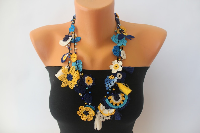 Long Chunky Necklace, Blue Crochet Jewelry, Flower Statement Necklace, Eco Friendly Accessories, Natural Gifts for Women, Mom Birthday Gift image 2
