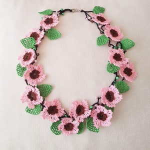 Bib Collar Necklace, Flowers Leaves Necklace, Pink Floral Necklace, Beaded Lace Necklace, Neck Jewelry for Women, Crochet Accessory Gift