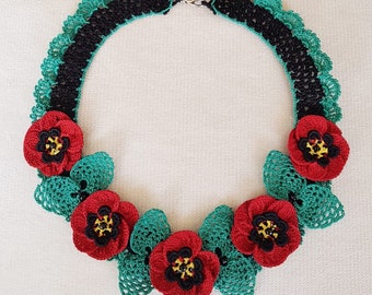 Collar de amapola roja, collar de flores 3D, accesorio de cuello de ganchillo, joyería de dama de honor Boho, regalo floral de Navidad, regalos románticos para esposa