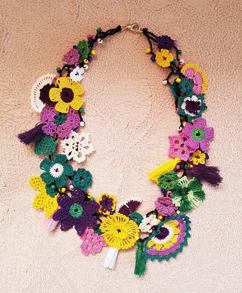 Flower Collar Necklace Crochet Floral Accessory Hippie Neck Etsy