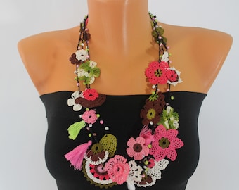 Long Flower Necklace, Tassel Necklaces for Women, Pink Natural Collar, Floral Crochet Jewelry, Hippie Accessories, Unique Bridesmaid Gift
